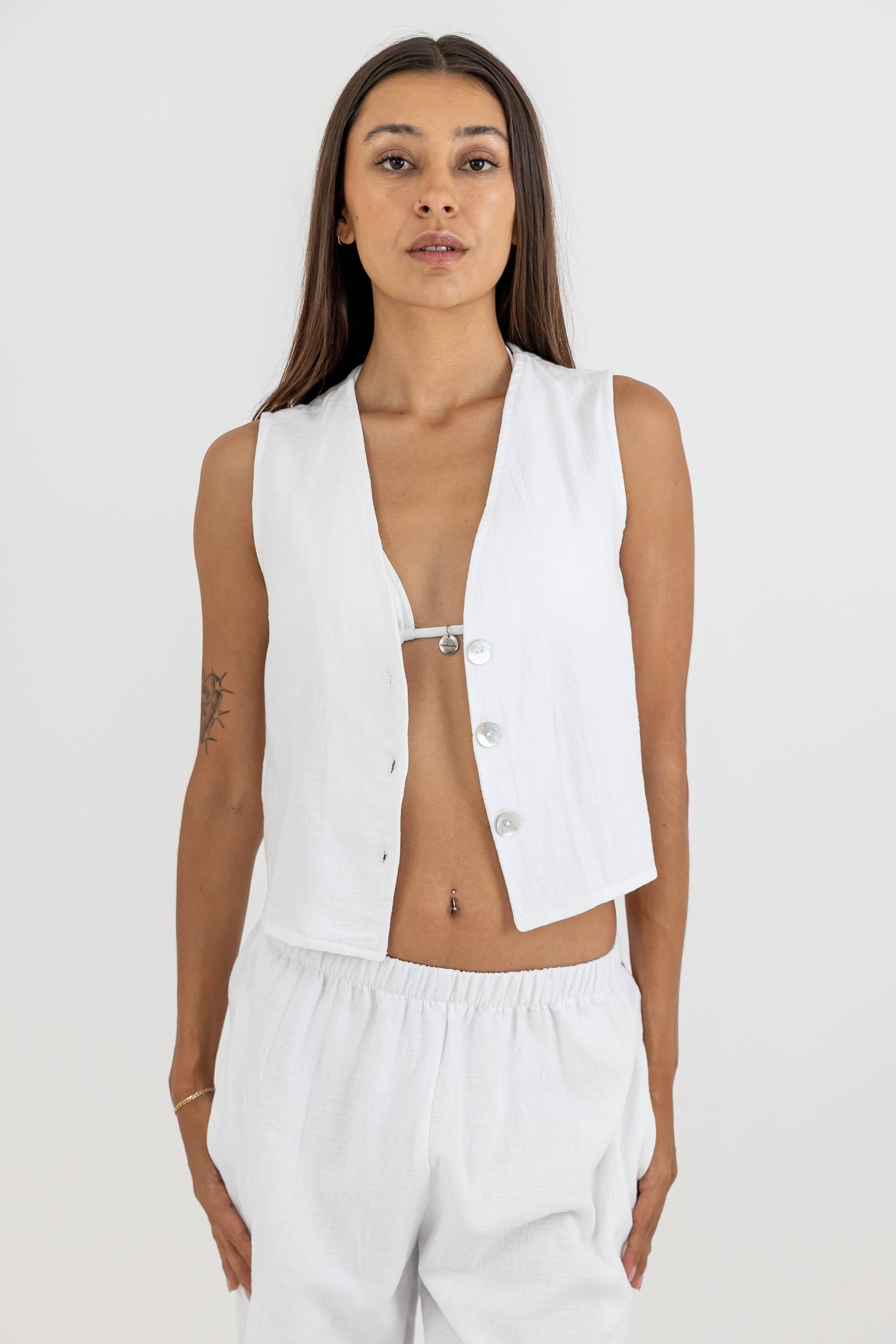 Amalfi Linen Vest with Buttons